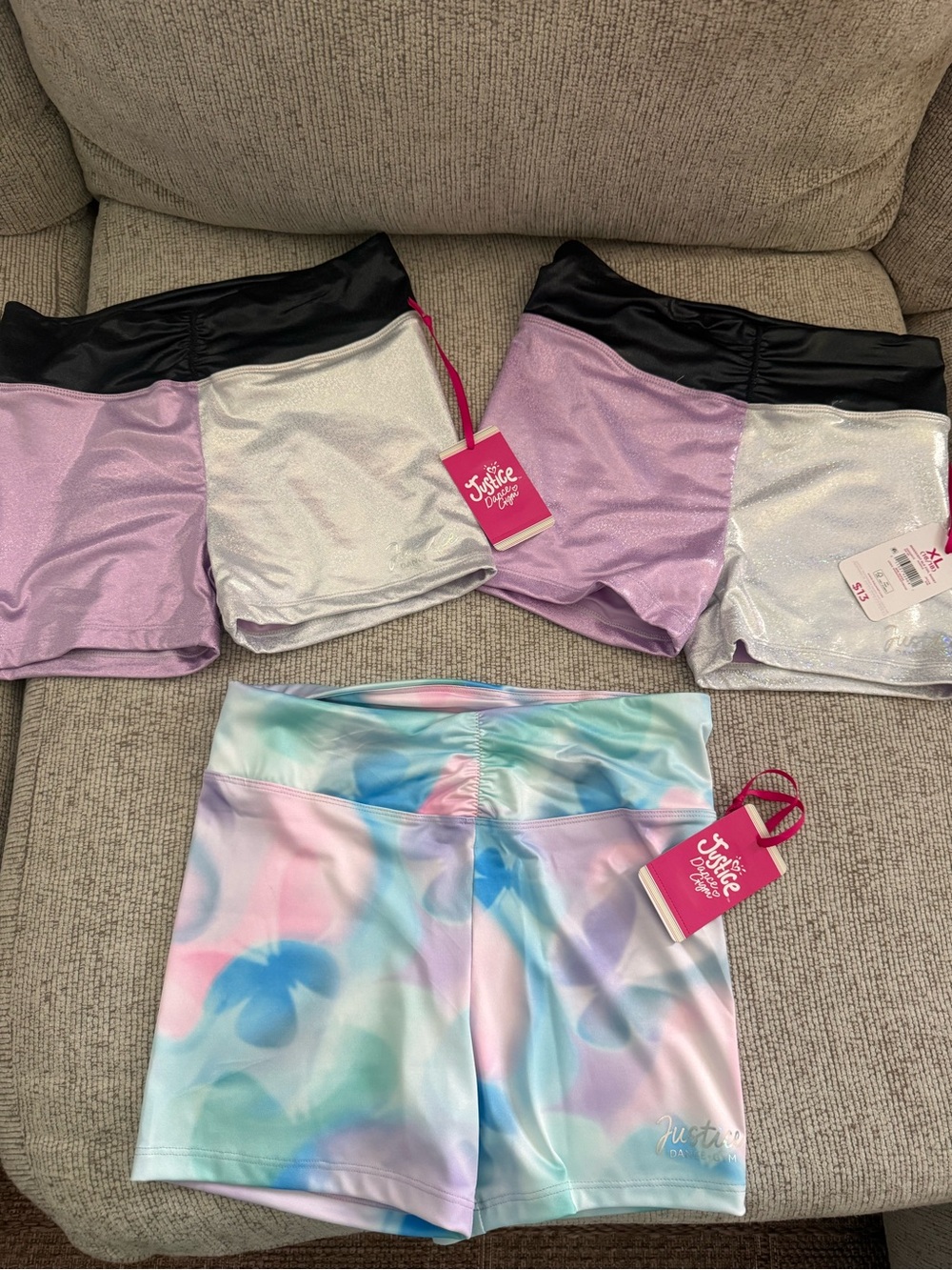 Justice Girls' Pastel Tie-Dye and Lavender/Silver Dance Shorts Set